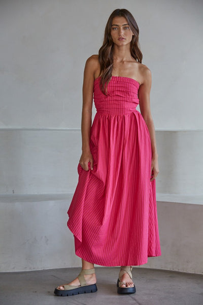 pink strapless midi dress Hot Striped Maxi eco friendly dress floral inset details Strapless Wood:Natural Oak Dressed down a black