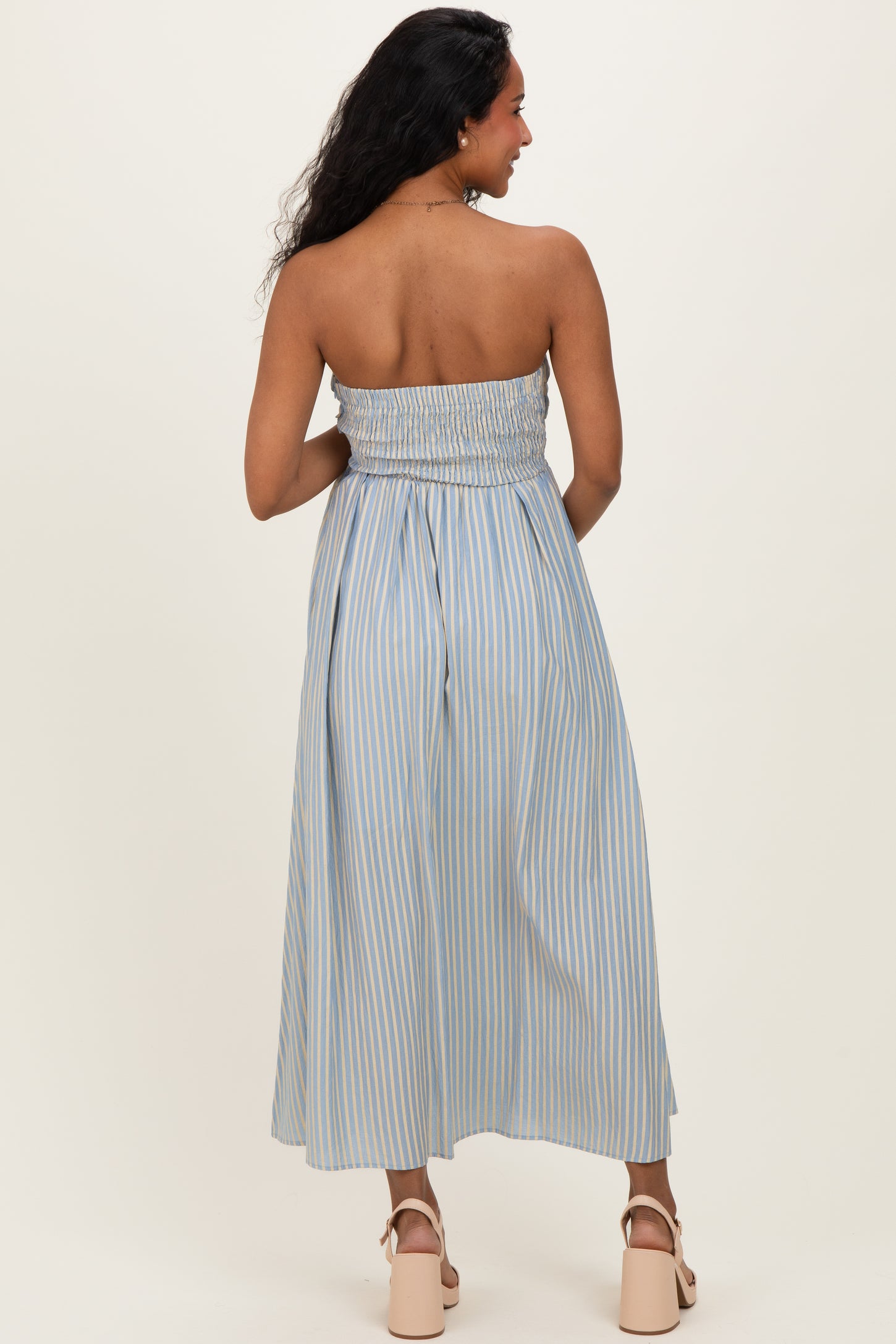 Light Blue Striped Strapless Maternity Maxi Dress