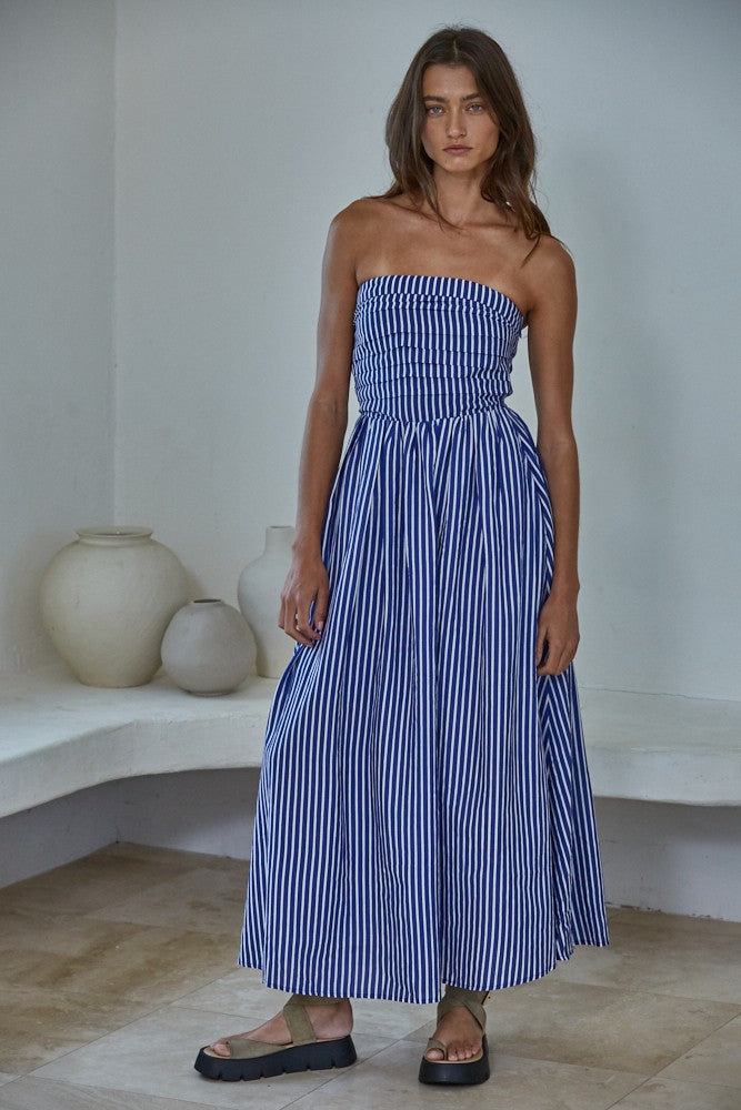 Denim Blue Striped Strapless Maxi Dress – PinkBlush