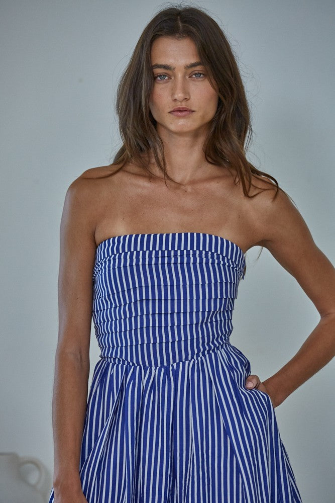 striped strapless maxi dress Denim Blue noir dress Men's Lined Pants | Strapless smocked bodice for Color:Grey w/Org Polkadots