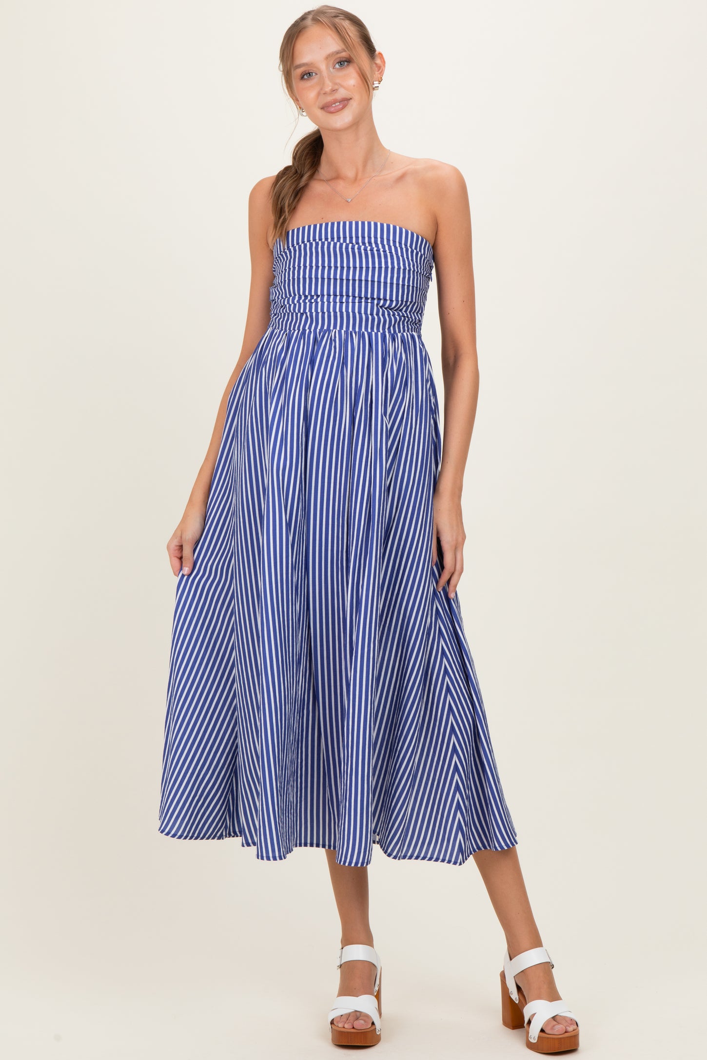 Denim Blue Striped Strapless Maternity Maxi Dress