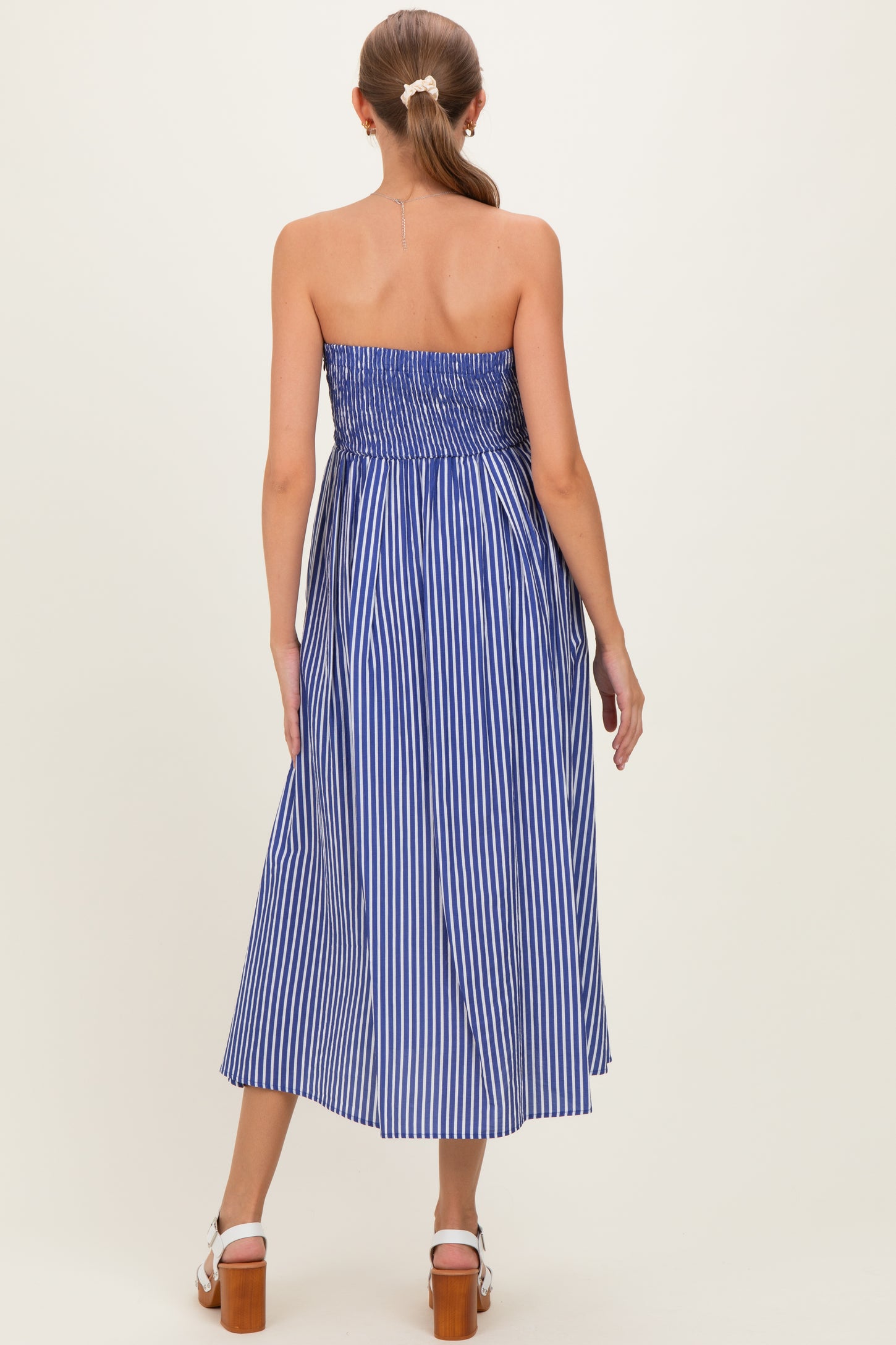 Denim Blue Striped Strapless Maternity Maxi Dress
