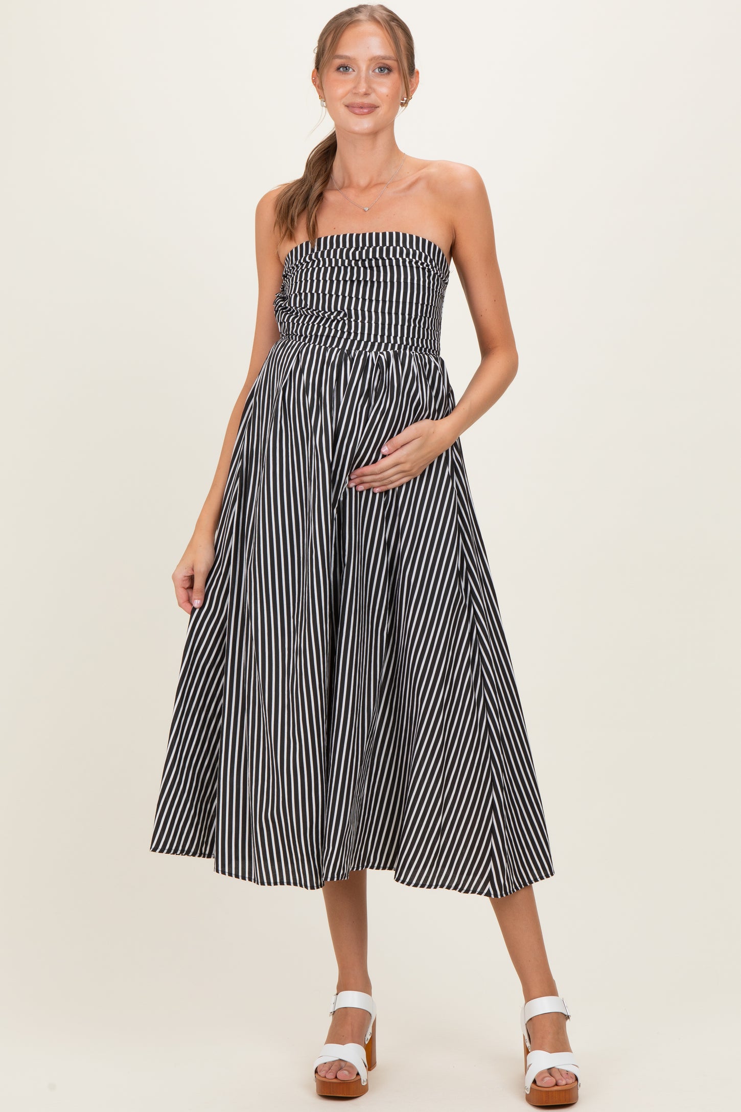 striped strapless maxi dress Black Striped Strapless Maternity Maxi Dress