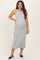 woman wearing a gray sleeveless maternity dress that hugs her baby bump, paired with black sneakers