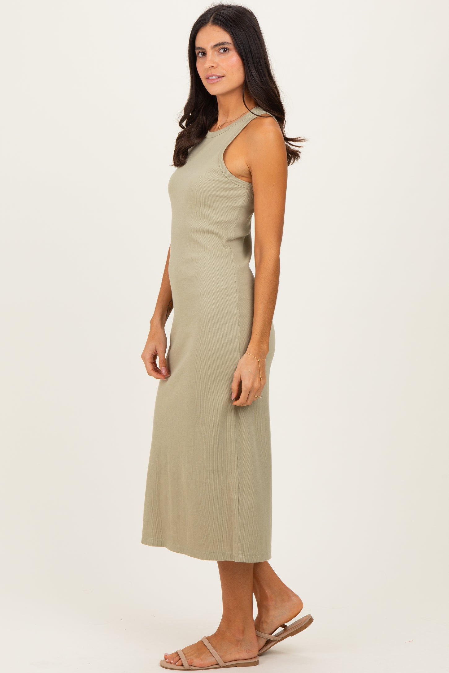 Light Olive Ribbed Tank Midi Dress