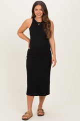 Black Ribbed Maternity Tank Midi Dress