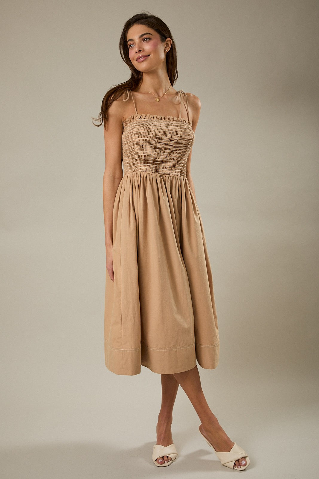 Light Taupe Shoulder Tie Smocked Midi Dress – PinkBlush