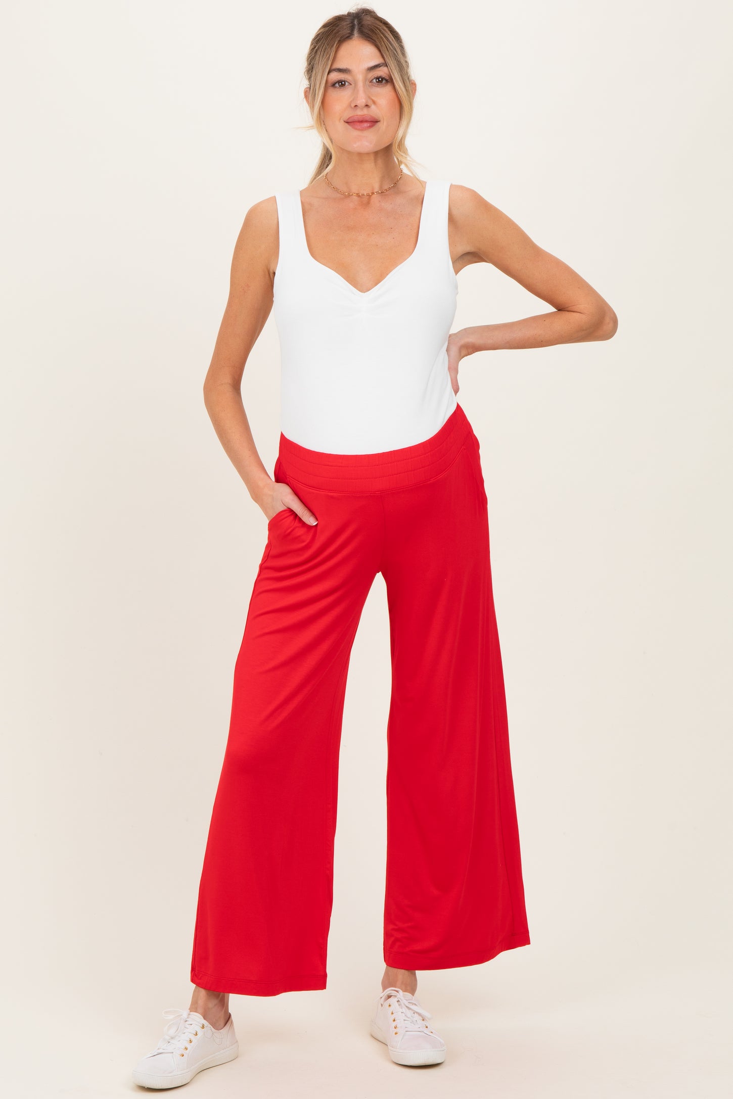 Red Ankle Wide Leg Maternity Pants