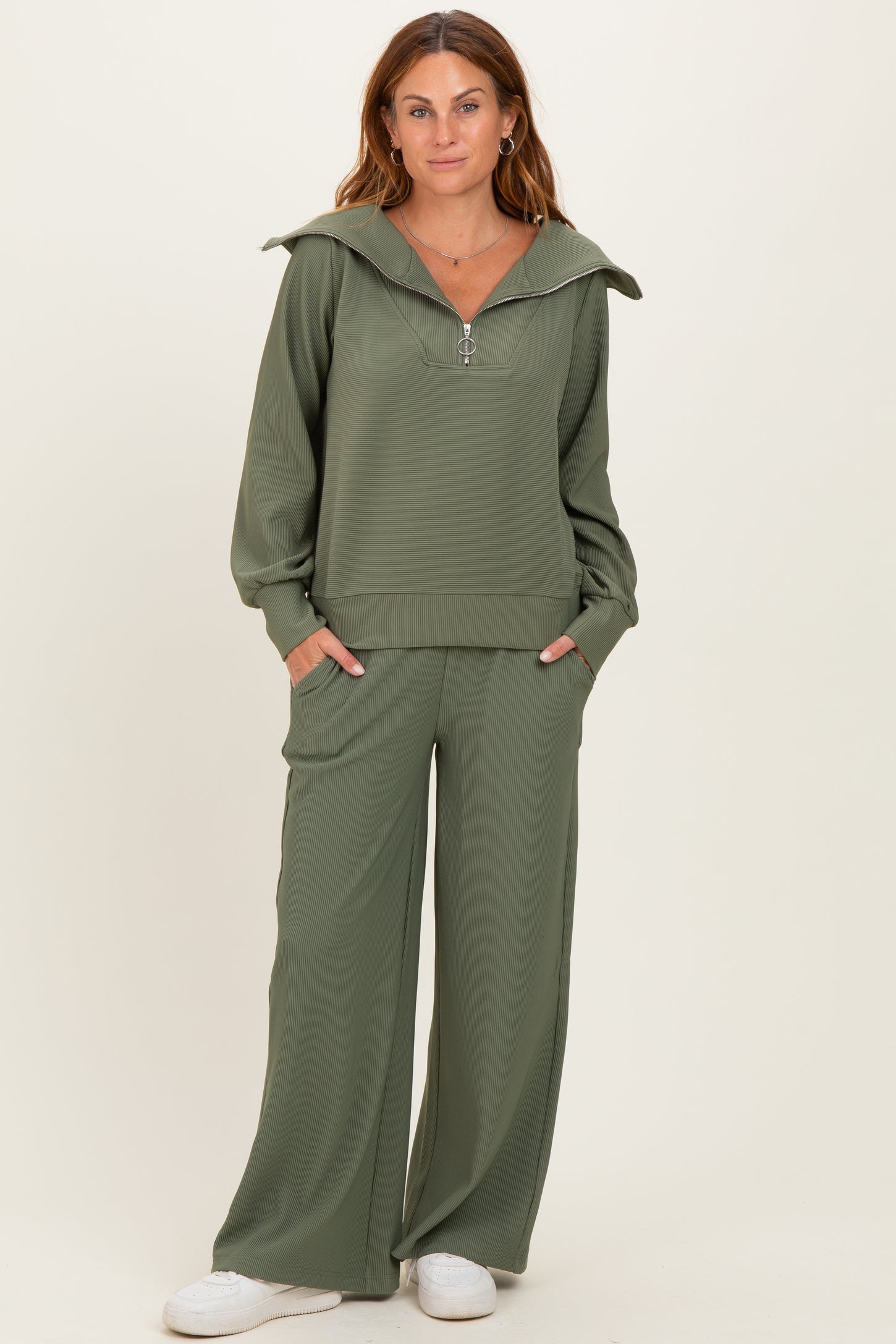 Light Olive Ribbed High Neck Half Zip Pullover Maternity Pant Set