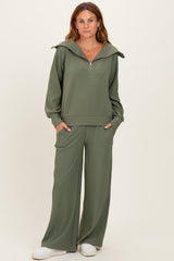 Light Olive Ribbed High Neck Half Zip Pullover Maternity Pant Set