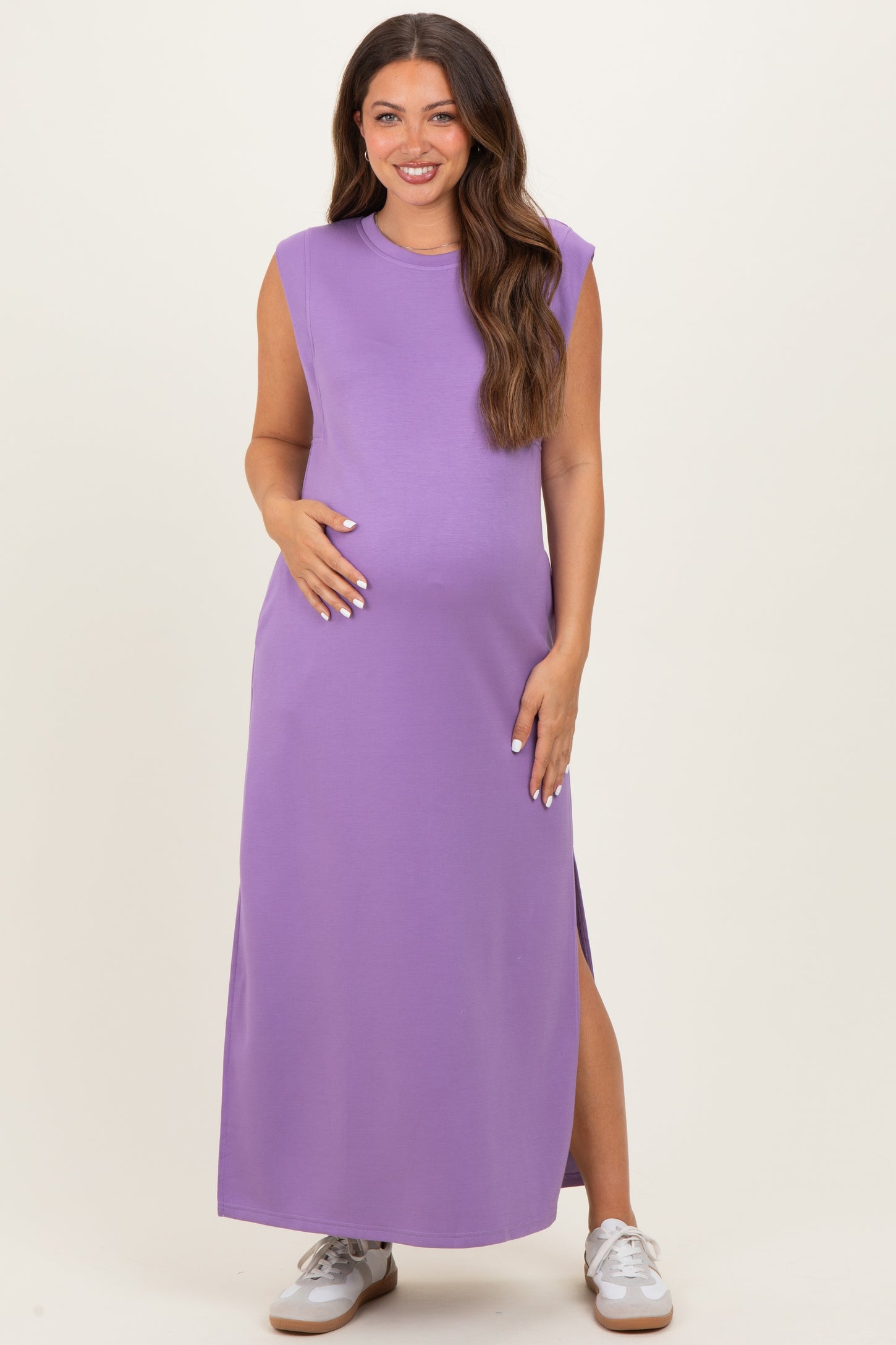 Lavender Sleeveless Side Slit Maternity Midi Dress