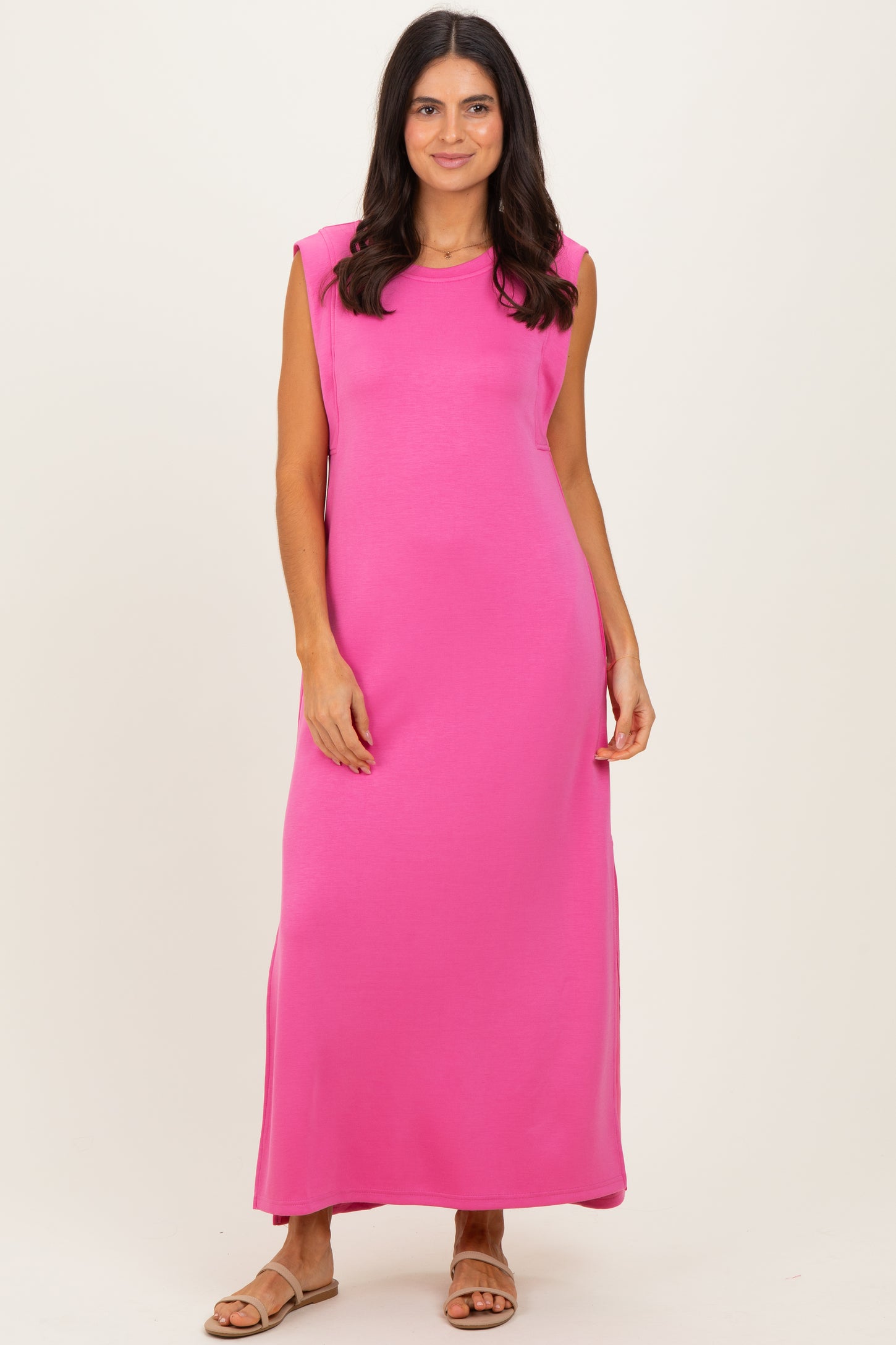 Pink Sleeveless Side Slit Maternity Midi Dress