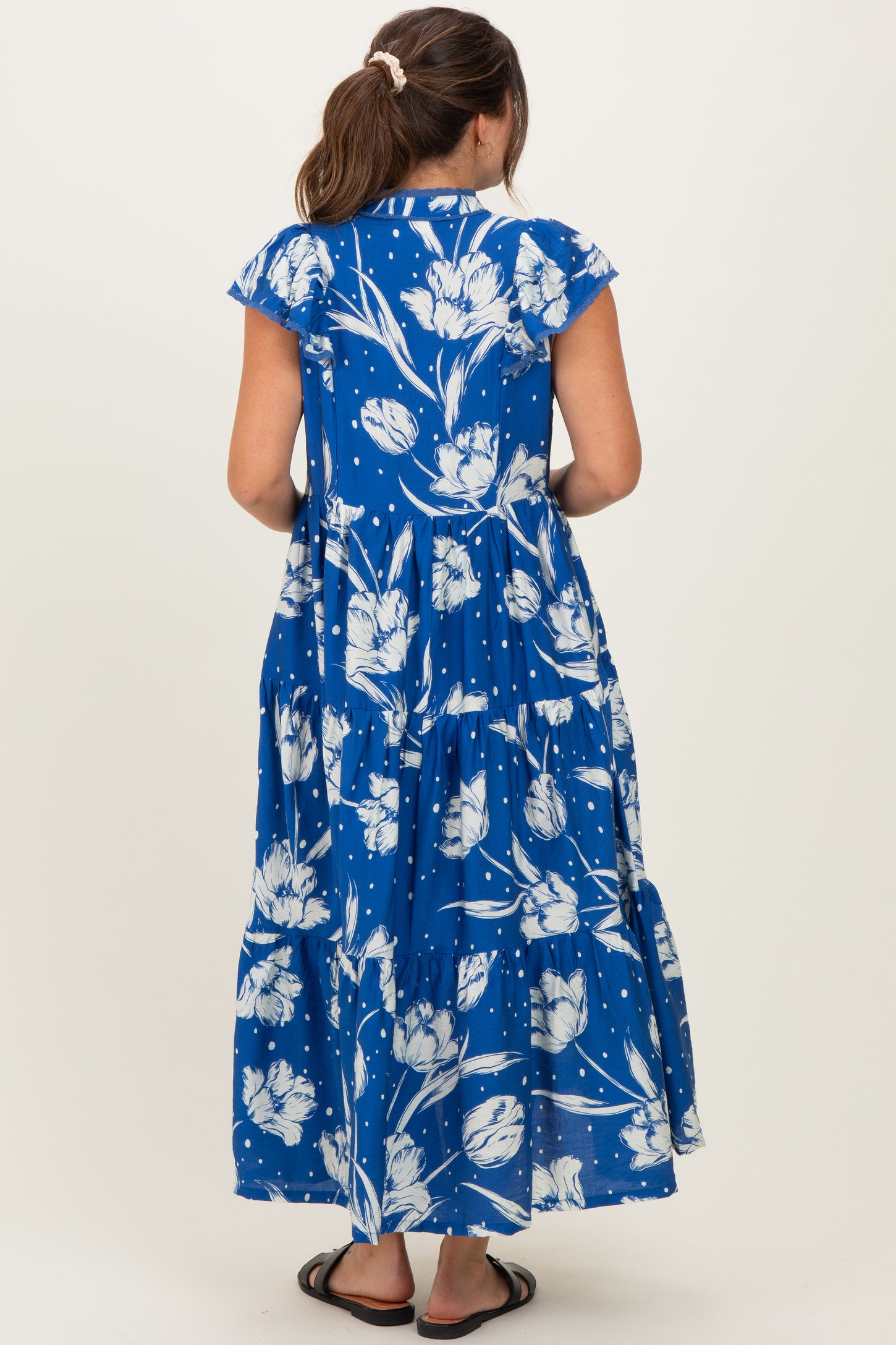 Royal Blue Floral Crochet Lace Accent Maternity Midi Dress