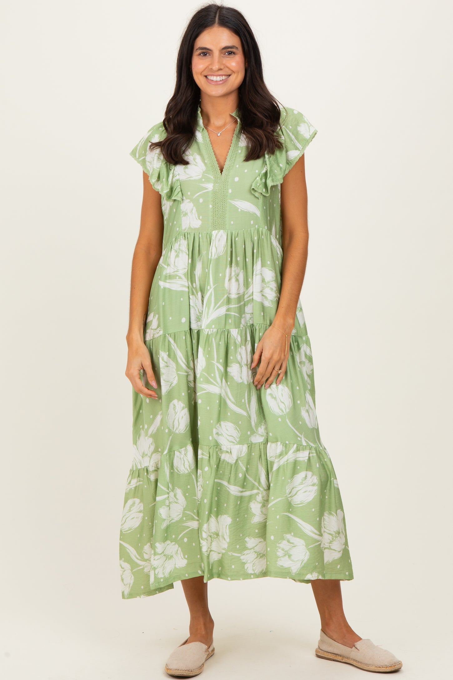 Sage Floral Crochet Lace Accent Maternity Midi Dress