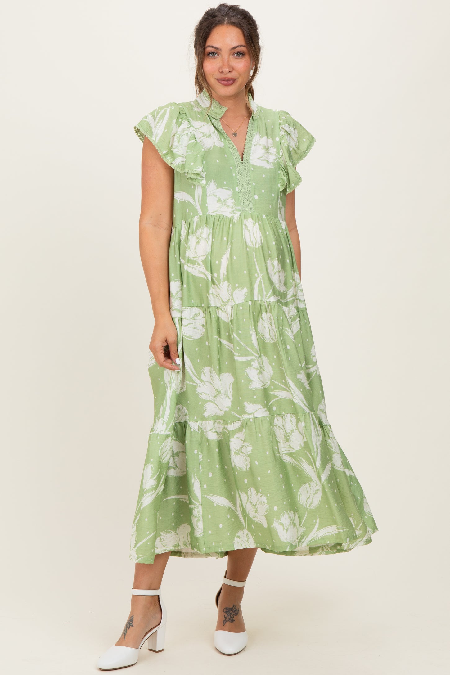 Sage Floral Crochet Lace Accent Maternity Midi Dress Sage Floral Crochet Lace Accent Maternity Midi Dress