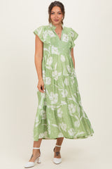 Sage Floral Crochet Lace Accent Maternity Midi Dress