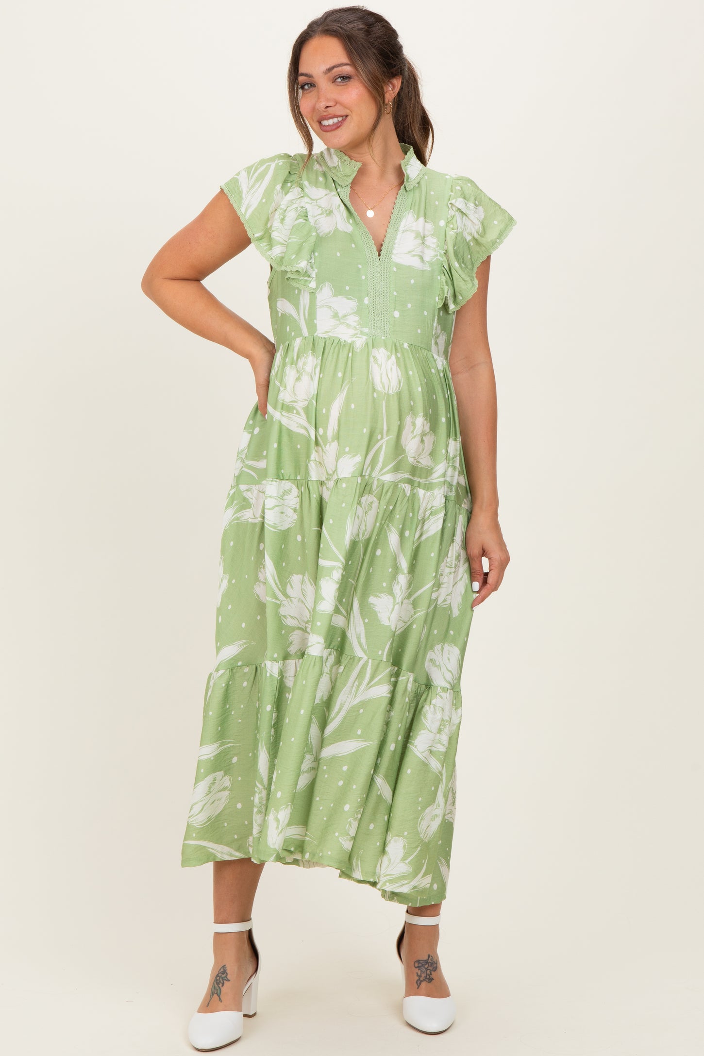 Sage Floral Crochet Lace Accent Maternity Midi Dress