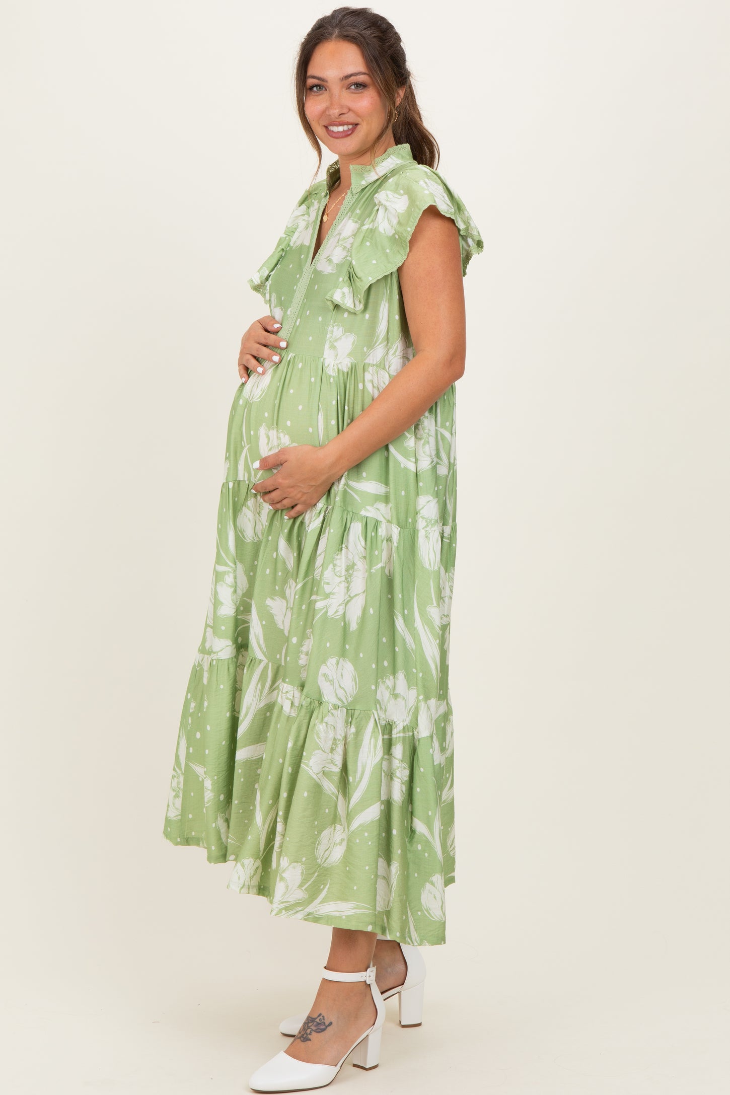 Sage Floral Crochet Lace Accent Maternity Midi Dress