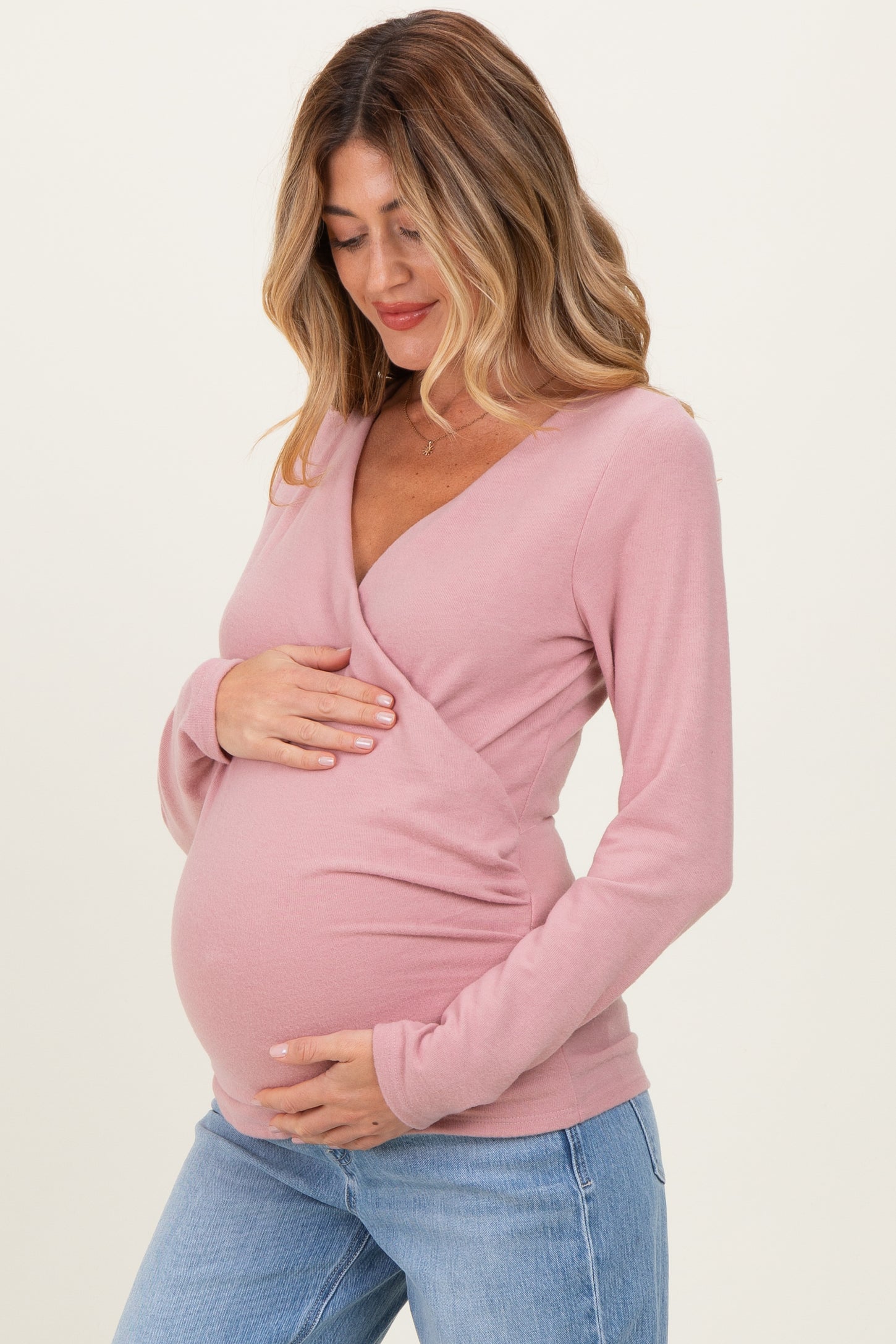 Mauve Brushed Knit Wrap Front Maternity Top