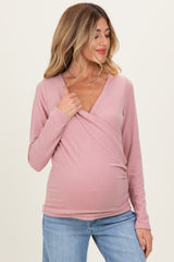 Mauve Brushed Knit Wrap Front Maternity Top