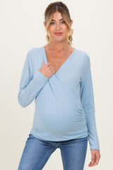 Light Blue Brushed Knit Wrap Front Maternity Top