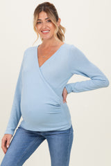Light Blue Brushed Knit Wrap Front Maternity Top