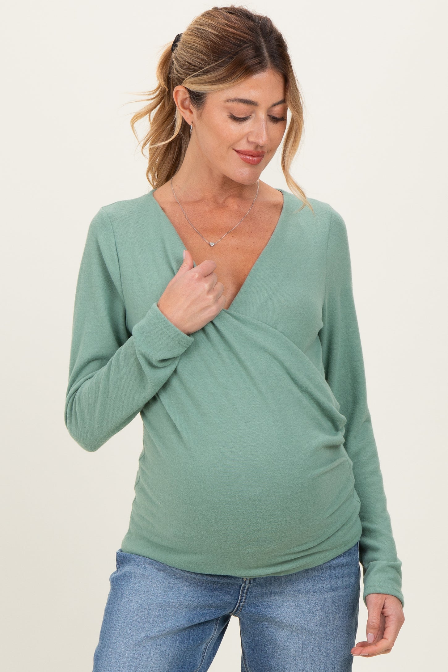 Green Brushed Knit Wrap Front Maternity Top