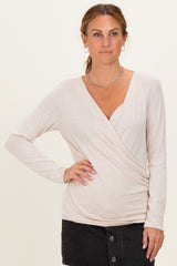Beige Brushed Knit Wrap Front Maternity Top