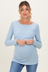 Light Blue Ribbed Crossover Maternity/Nursing Top