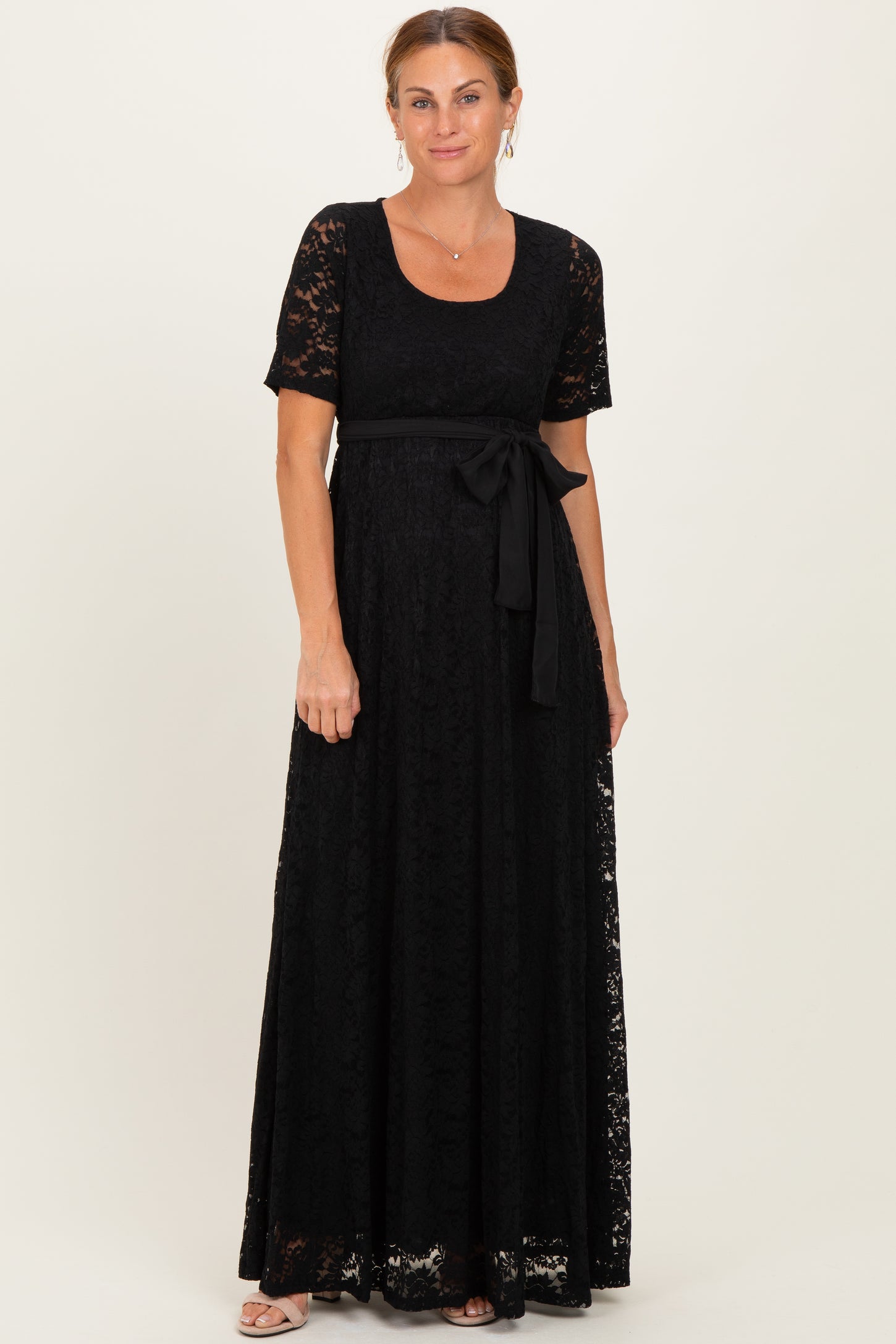 Black Lace Sash Tie Maternity Gown