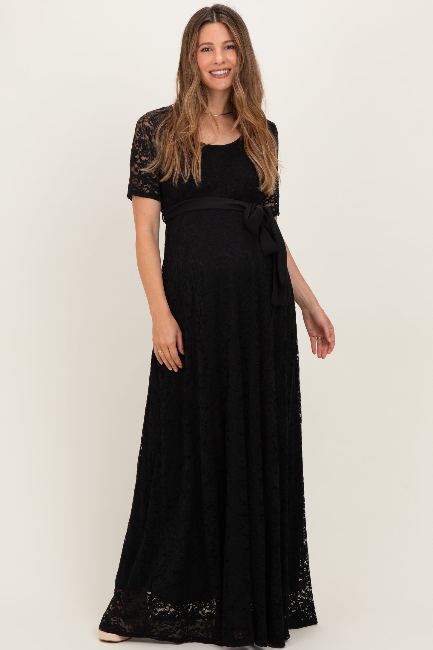 Black Lace Sash Tie Maternity Gown