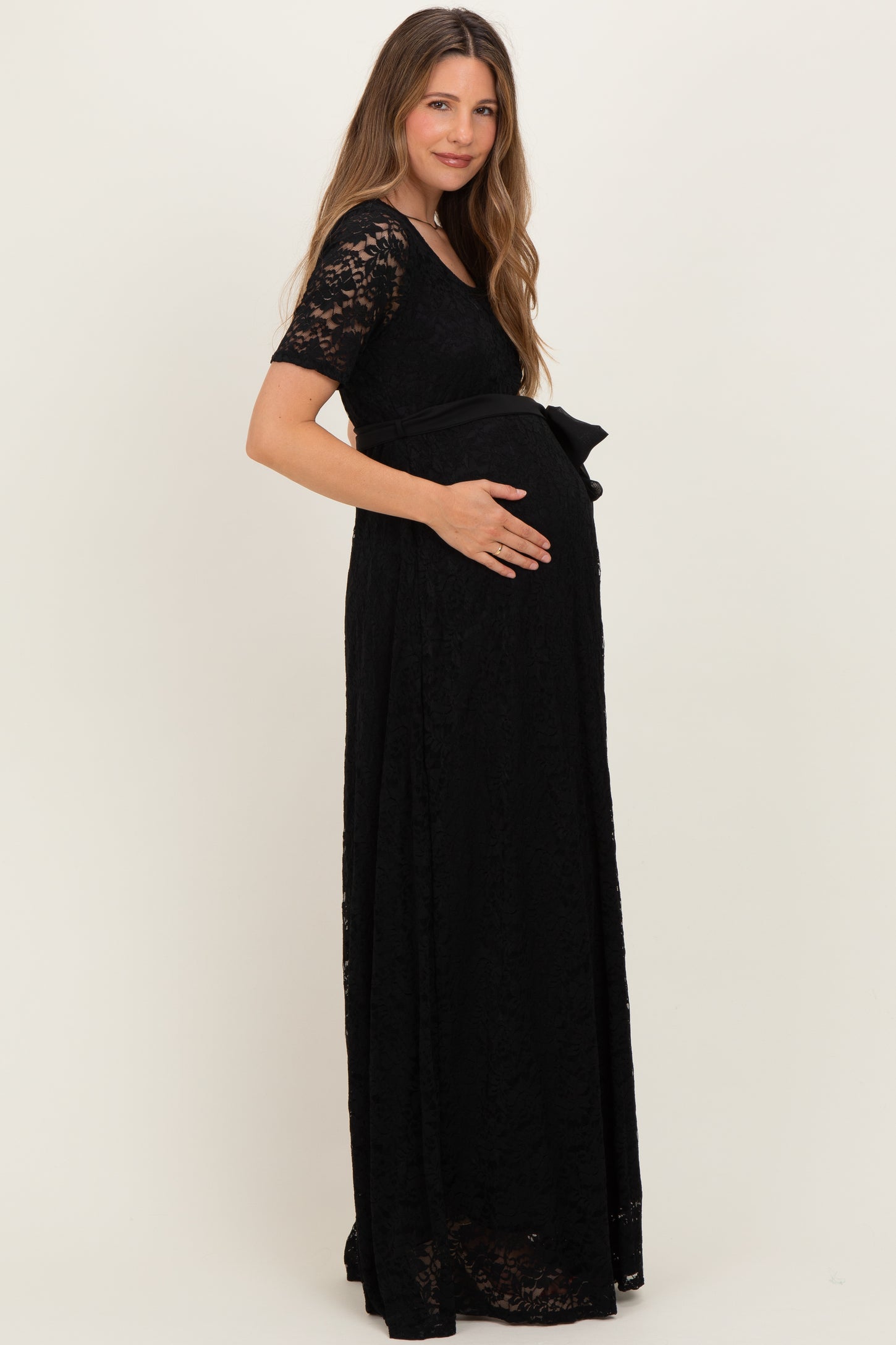 Black Lace Sash Tie Maternity Gown
