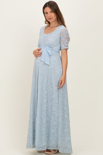 Light Blue Lace Sash Tie Maternity Gown