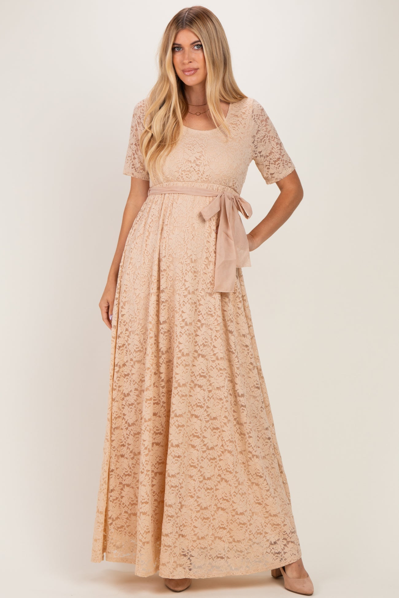 Mocha Lace Sash Tie Gown