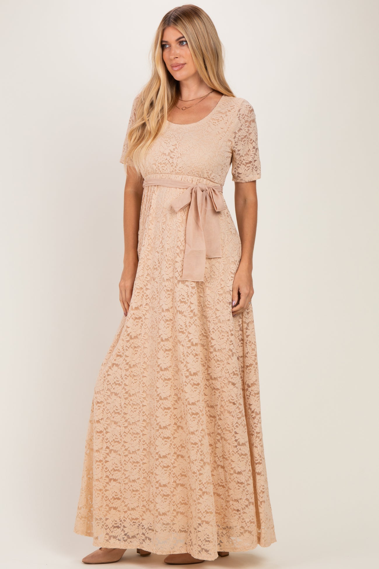 Mocha Lace Sash Tie Gown
