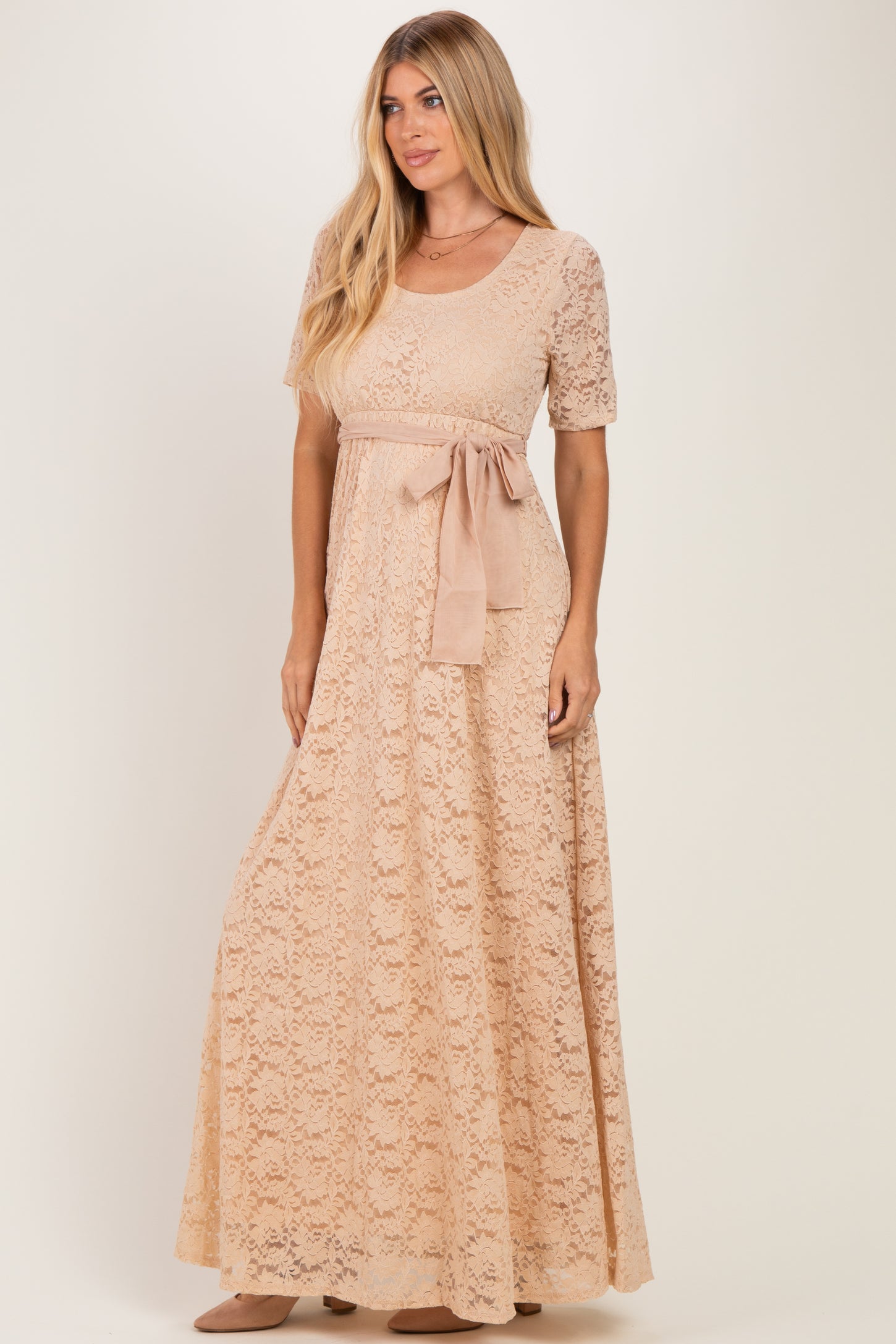 Mocha Lace Sash Tie Gown