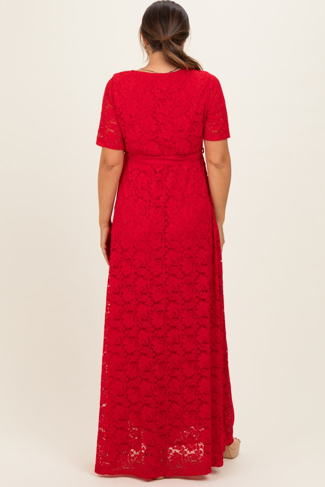 Red Lace Sash Tie Maternity Gown