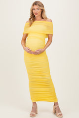 Lemon Ruched Mesh Foldover Off Shoulder Maternity Maxi Dress