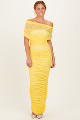 Lemon Ruched Mesh Foldover Off Shoulder Maternity Maxi Dress