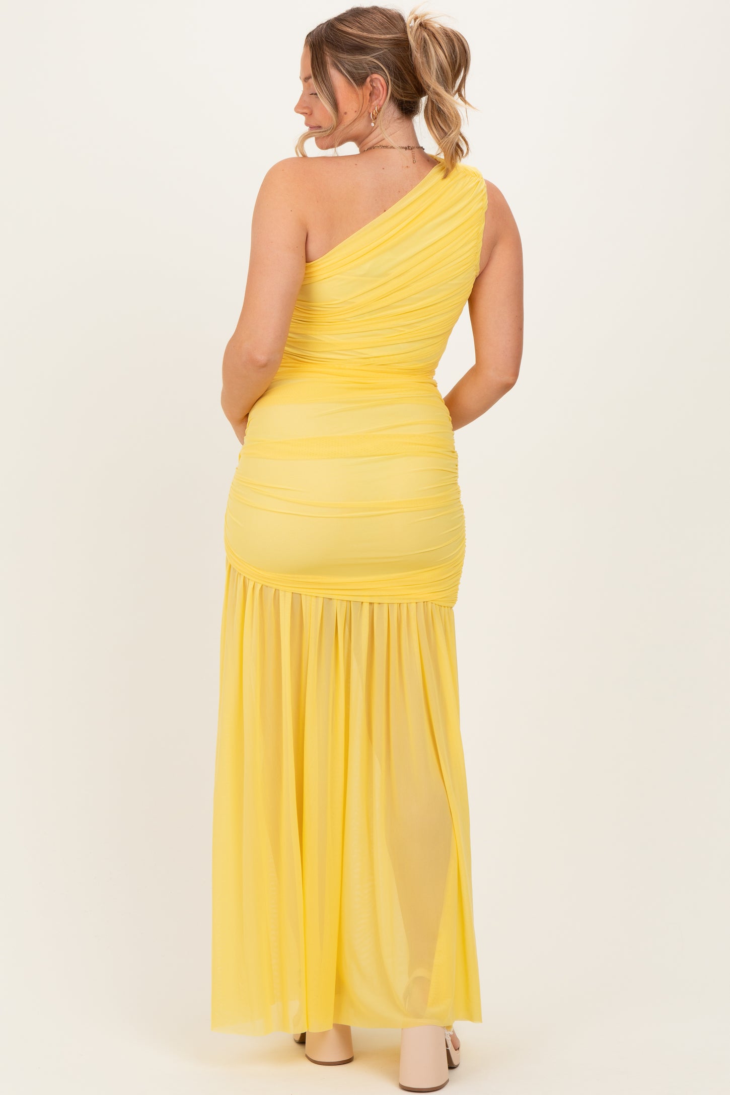 Lemon Ruched Mesh One Shoulder Maternity Maxi Dress