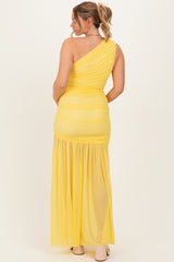 Lemon Ruched Mesh One Shoulder Maternity Maxi Dress
