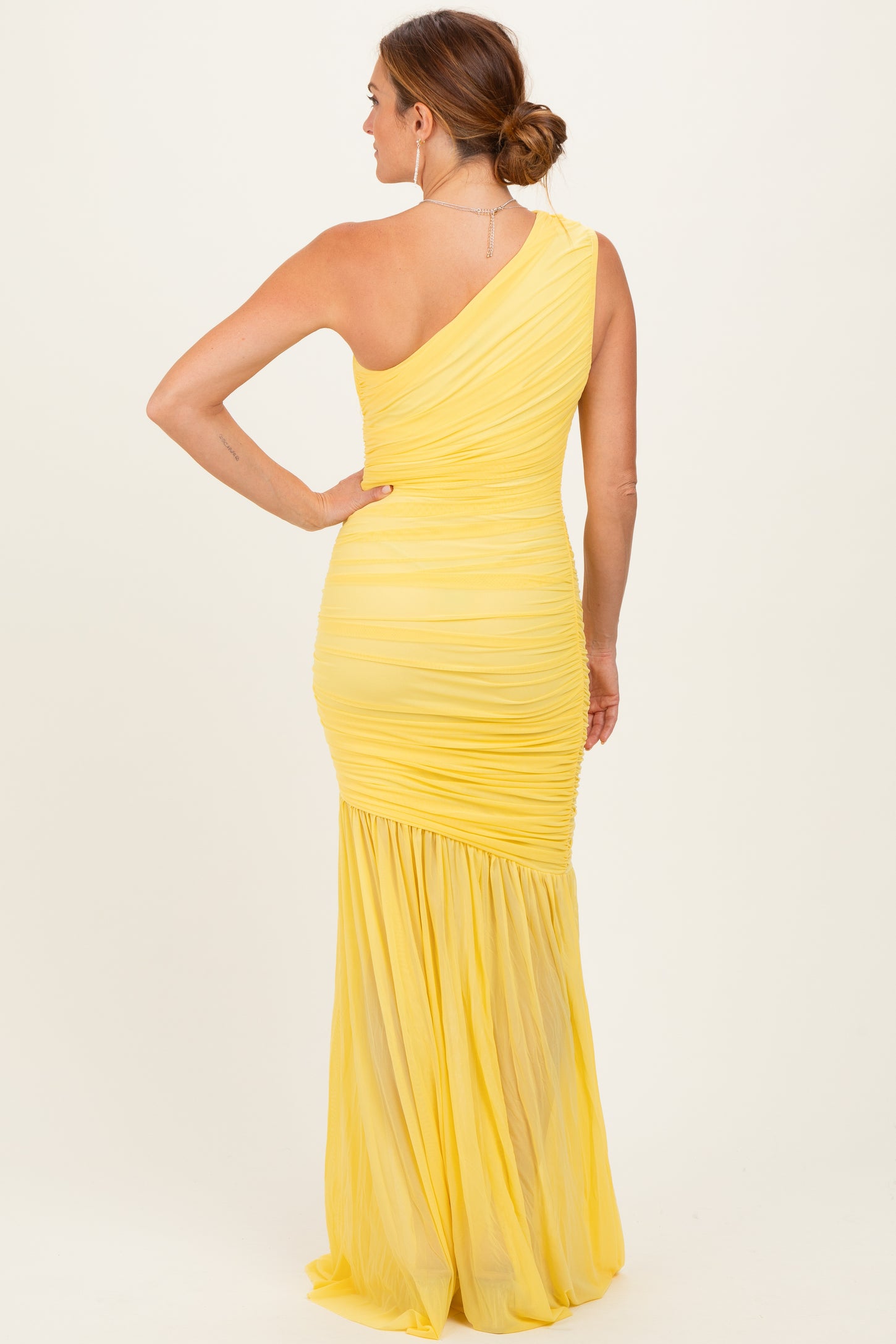 Lemon Ruched Mesh One Shoulder Maxi Dress – PinkBlush