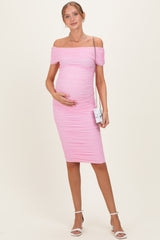 Baby Pink Ruched Mesh Off Shoulder Maternity Midi Dress