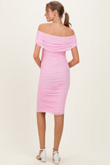 Baby Pink Ruched Mesh Off Shoulder Maternity Midi Dress
