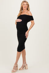 Black Ruched Mesh Off Shoulder Maternity Midi Dress