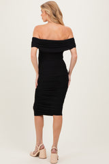 Black Ruched Mesh Off Shoulder Maternity Midi Dress