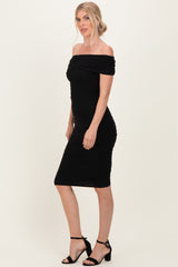 Black Ruched Mesh Off Shoulder Midi Dress