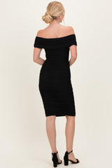 Black Ruched Mesh Off Shoulder Midi Dress