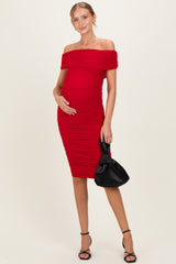 Red Ruched Mesh Off Shoulder Maternity Midi Dress
