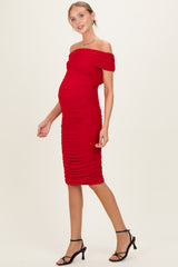 Red Ruched Mesh Off Shoulder Maternity Midi Dress